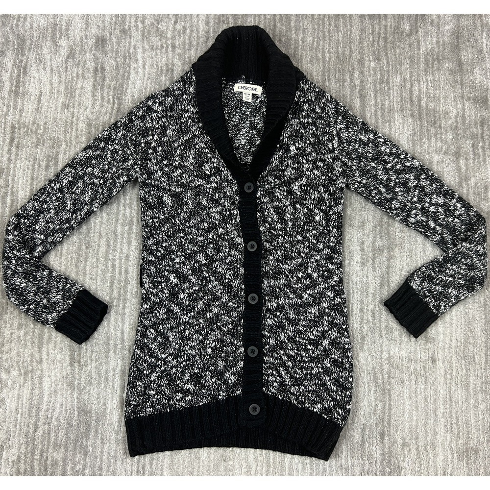 Cherokee Cardigan Sweater Girls M 7-8 Black White Marled Shawl Collar‎ Button Up
